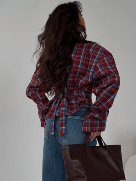 Clacive Fashion Loose Plaid Women's Blouse 2026 Vintage Lapel Long Sleeve Shirt Elegant Classic Lace-Up Top Female Clothing