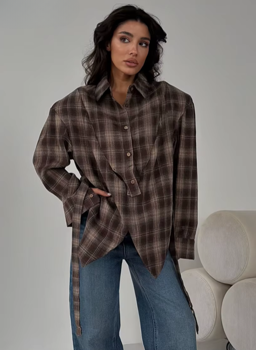 Clacive Fashion Loose Plaid Women's Blouse 2026 Vintage Lapel Long Sleeve Shirt Elegant Classic Lace-Up Top Female Clothing