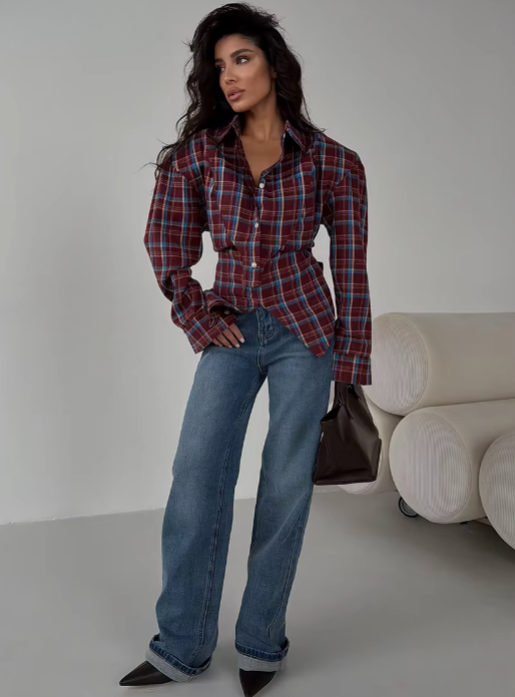 Clacive Fashion Loose Plaid Women's Blouse 2026 Vintage Lapel Long Sleeve Shirt Elegant Classic Lace-Up Top Female Clothing