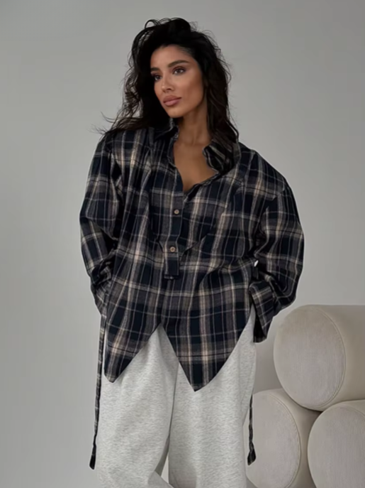 Clacive Fashion Loose Plaid Women's Blouse 2026 Vintage Lapel Long Sleeve Shirt Elegant Classic Lace-Up Top Female Clothing