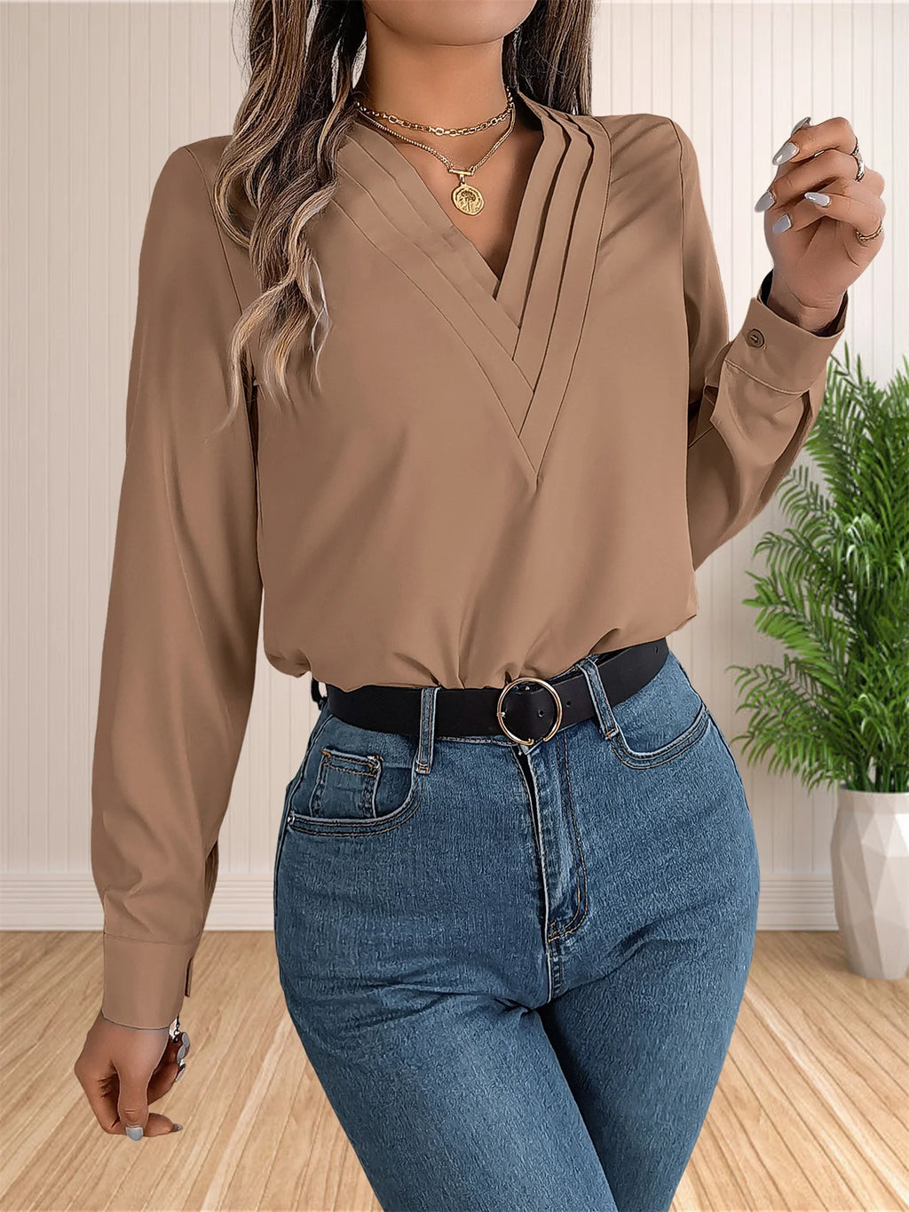 Elegant Women’s Office Blouse – Layered V-neck with long sleeves, perfect for chic, professional, and dressy workwear.