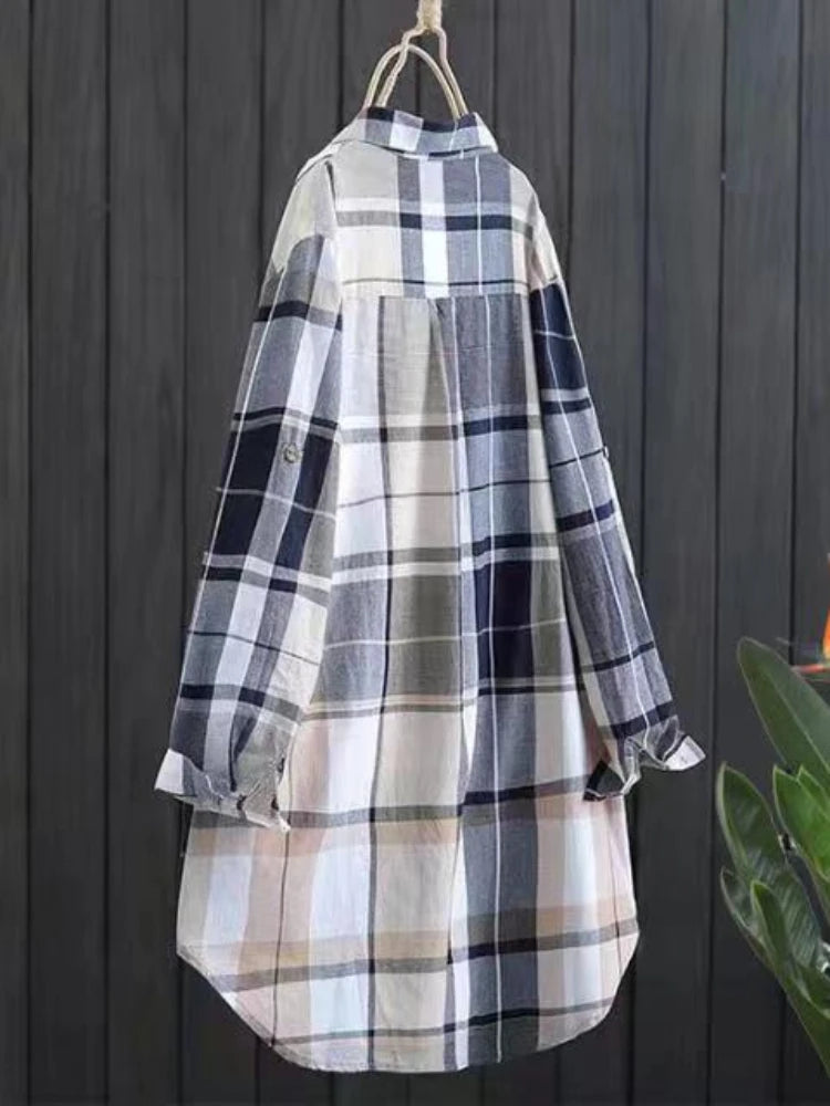 Cotton Plaid Mid Length Blouses Autumn Casual New Loose Button Blouses Women Fashion Long Sleeve Winter Elegant Shirt