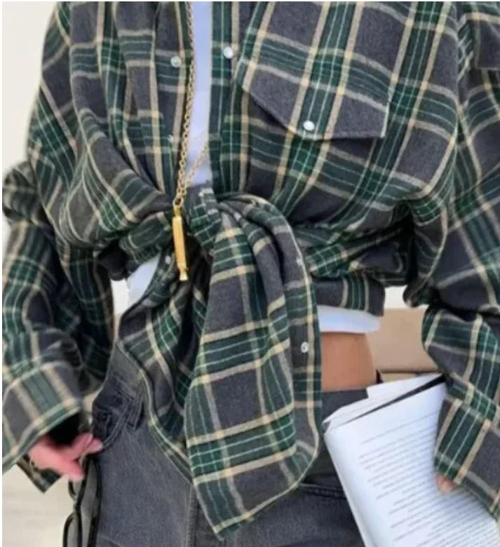 New Vintage Women Oversized Long Sleeve Plaid Shirt Blouse Tops Autumn Winter Button Down Loose Lapel Pocket Shirt