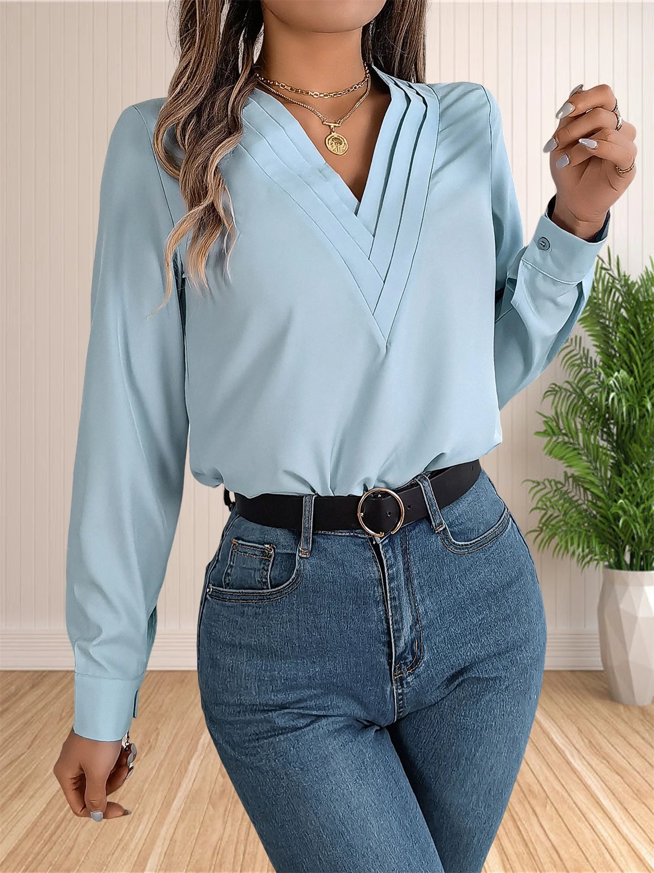 Elegant Women’s Office Blouse – Layered V-neck with long sleeves, perfect for chic, professional, and dressy workwear.