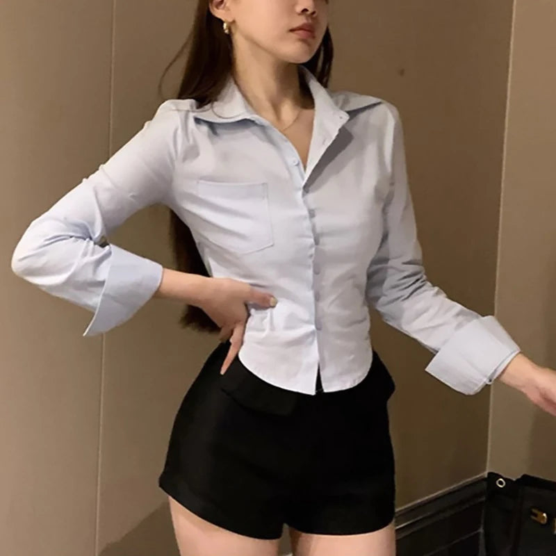 2026 Spring Commuter Long Sleeve New Female Crop Tops White Office Women Chiffon Shirt Pocket Button Lapel Ladies Blouse