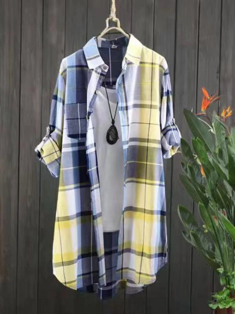 Cotton Plaid Mid Length Blouses Autumn Casual New Loose Button Blouses Women Fashion Long Sleeve Winter Elegant Shirt