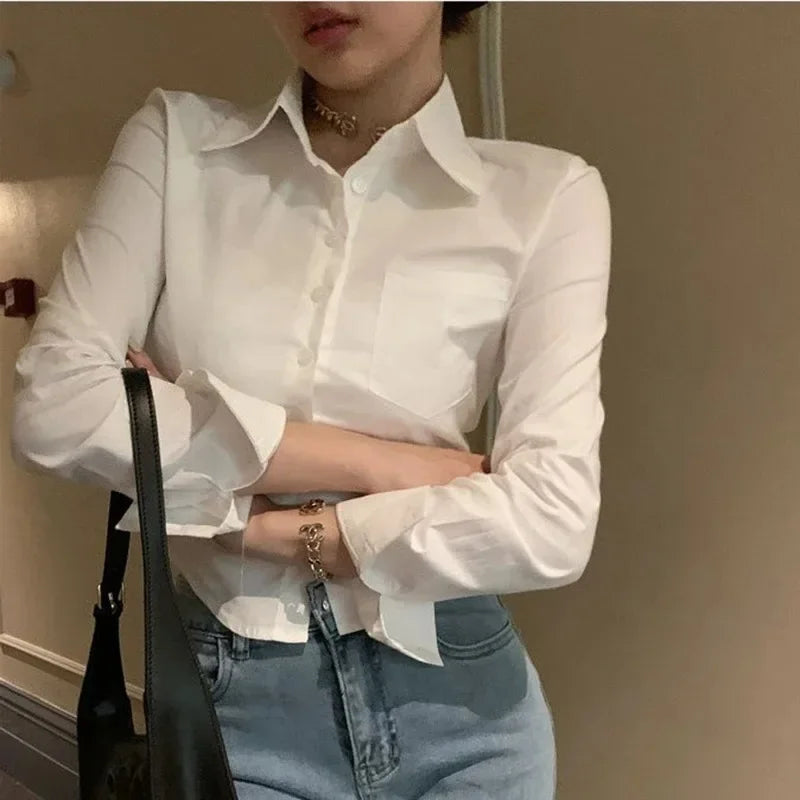 2026 Spring Commuter Long Sleeve New Female Crop Tops White Office Women Chiffon Shirt Pocket Button Lapel Ladies Blouse