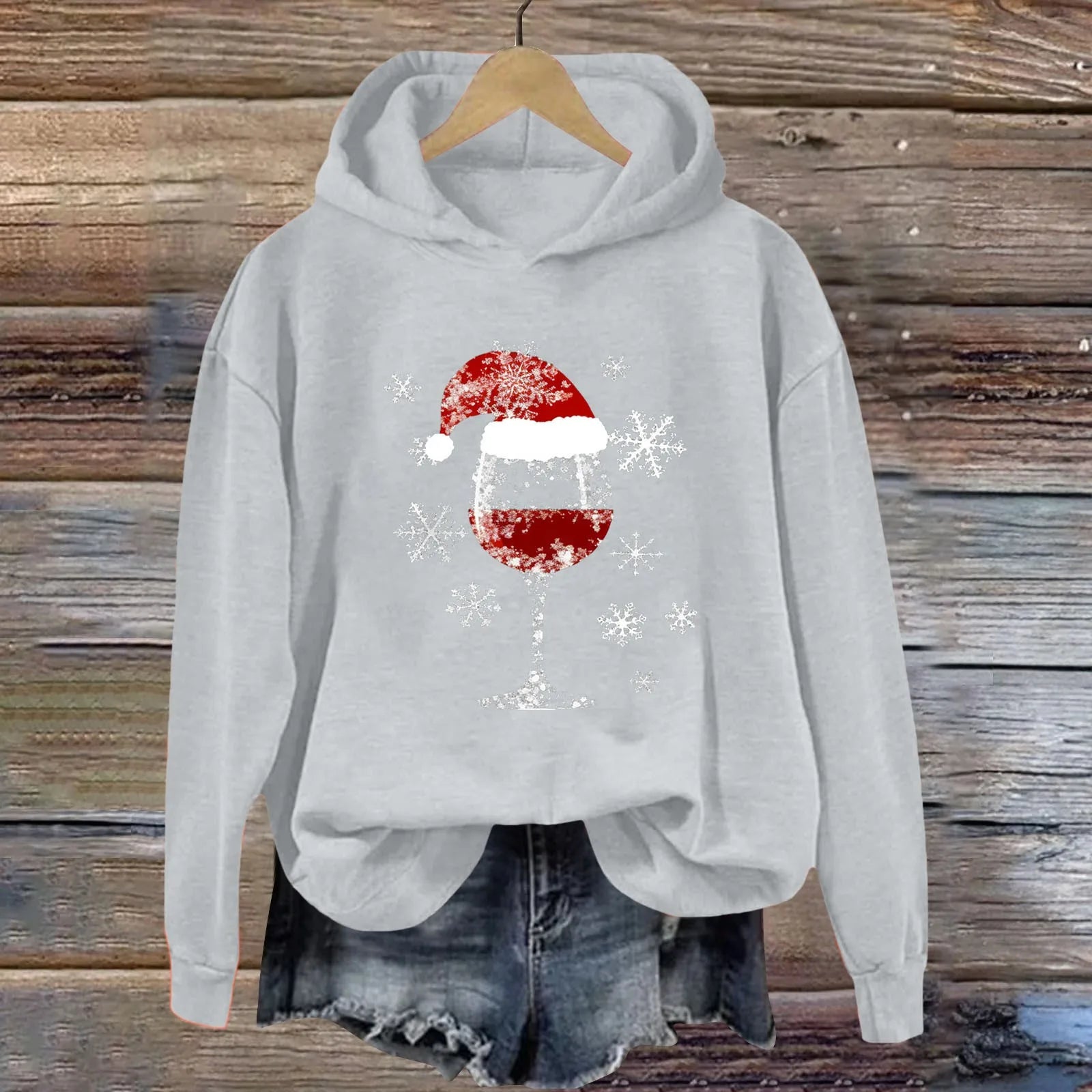 Womens Christmas Hoodie Sweatshirt Casual Fashion Red Wine Glass Printed Long Sleeve Hooded Sweatshirts Xmas Look New Year Gifts