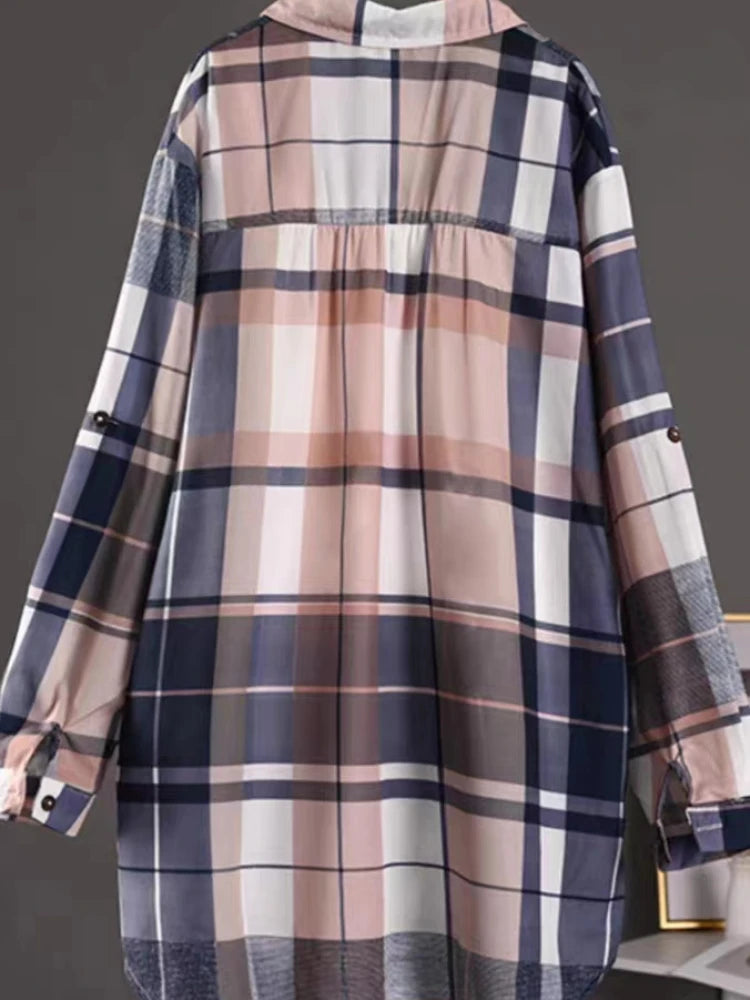 Cotton Plaid Mid Length Blouses Autumn Casual New Loose Button Blouses Women Fashion Long Sleeve Winter Elegant Shirt