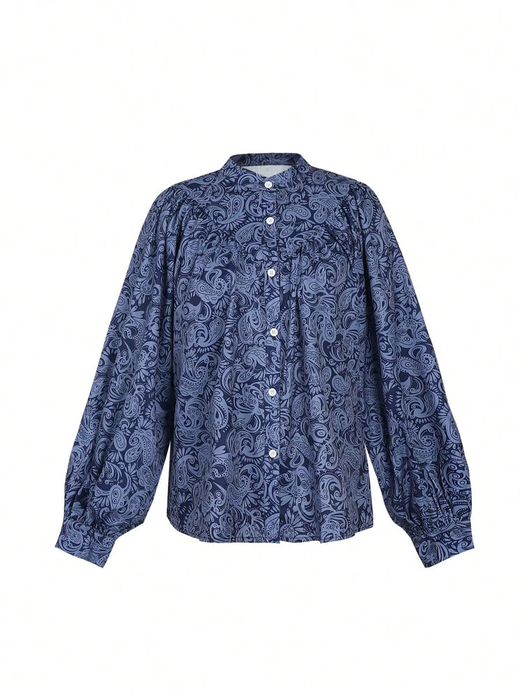 2026 Autumn New Women's Elegant Fashion Printed Blouse Top Casual Lantern Sleeve Button Deep V-Neck Daily Travel