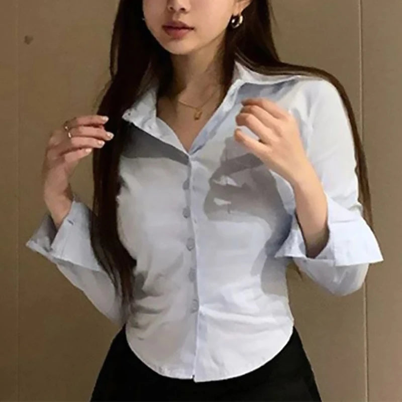 2026 Spring Commuter Long Sleeve New Female Crop Tops White Office Women Chiffon Shirt Pocket Button Lapel Ladies Blouse
