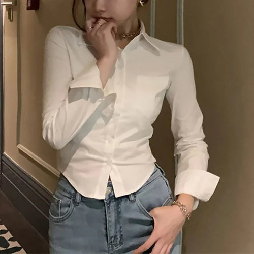2026 Spring Commuter Long Sleeve New Female Crop Tops White Office Women Chiffon Shirt Pocket Button Lapel Ladies Blouse