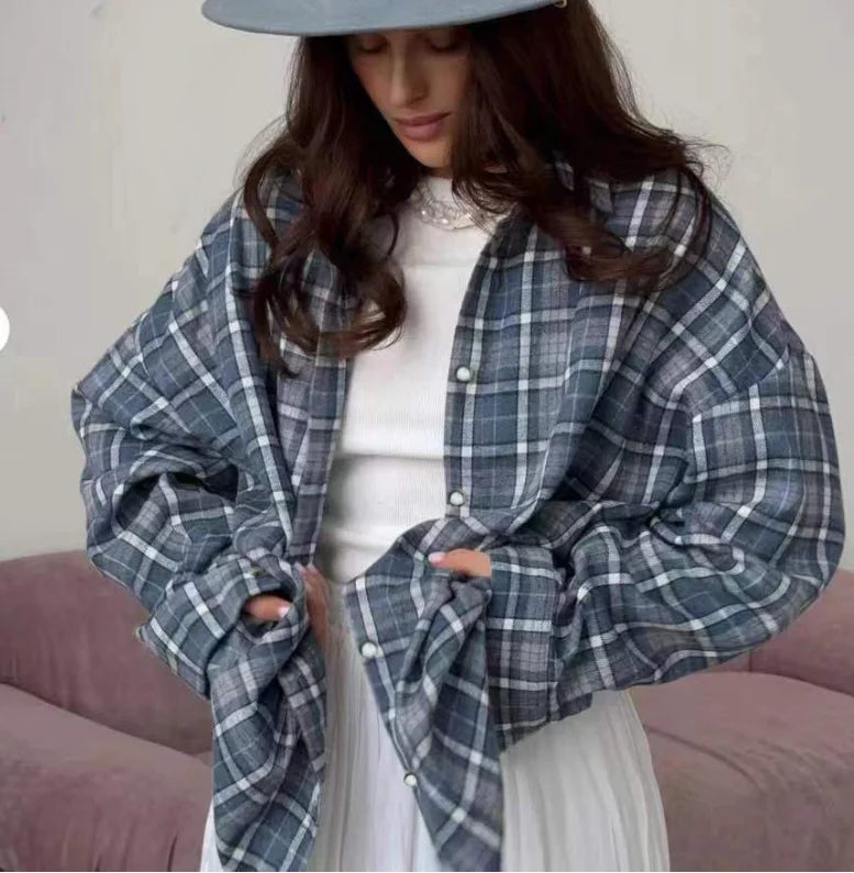 New Vintage Women Oversized Long Sleeve Plaid Shirt Blouse Tops Autumn Winter Button Down Loose Lapel Pocket Shirt