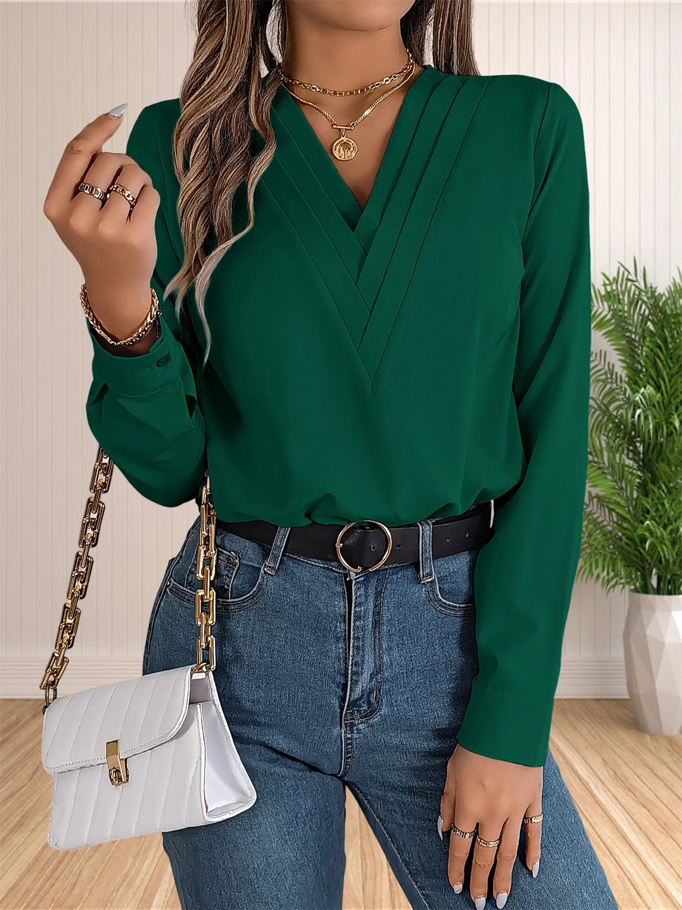 Elegant Women’s Office Blouse – Layered V-neck with long sleeves, perfect for chic, professional, and dressy workwear.