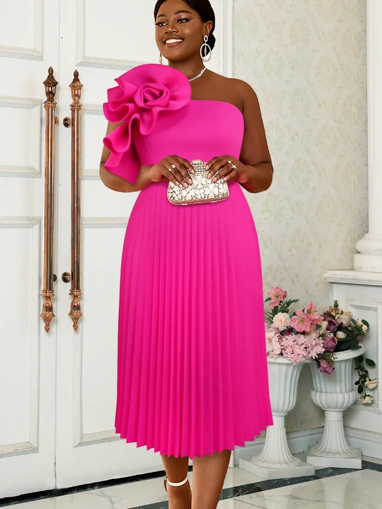 Pleated Party Dress Women Elegant Hot Pink Flower One Shoulder Midi Robes Autumn Sleeveless A Line Evening Birthday Plus Size