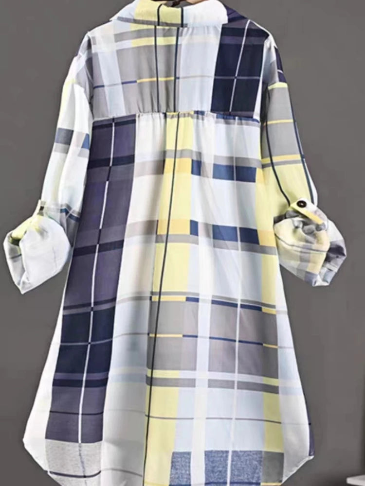 Cotton Plaid Mid Length Blouses Autumn Casual New Loose Button Blouses Women Fashion Long Sleeve Winter Elegant Shirt