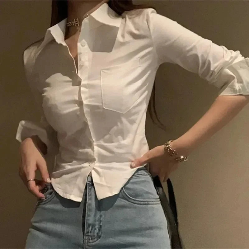 2026 Spring Commuter Long Sleeve New Female Crop Tops White Office Women Chiffon Shirt Pocket Button Lapel Ladies Blouse
