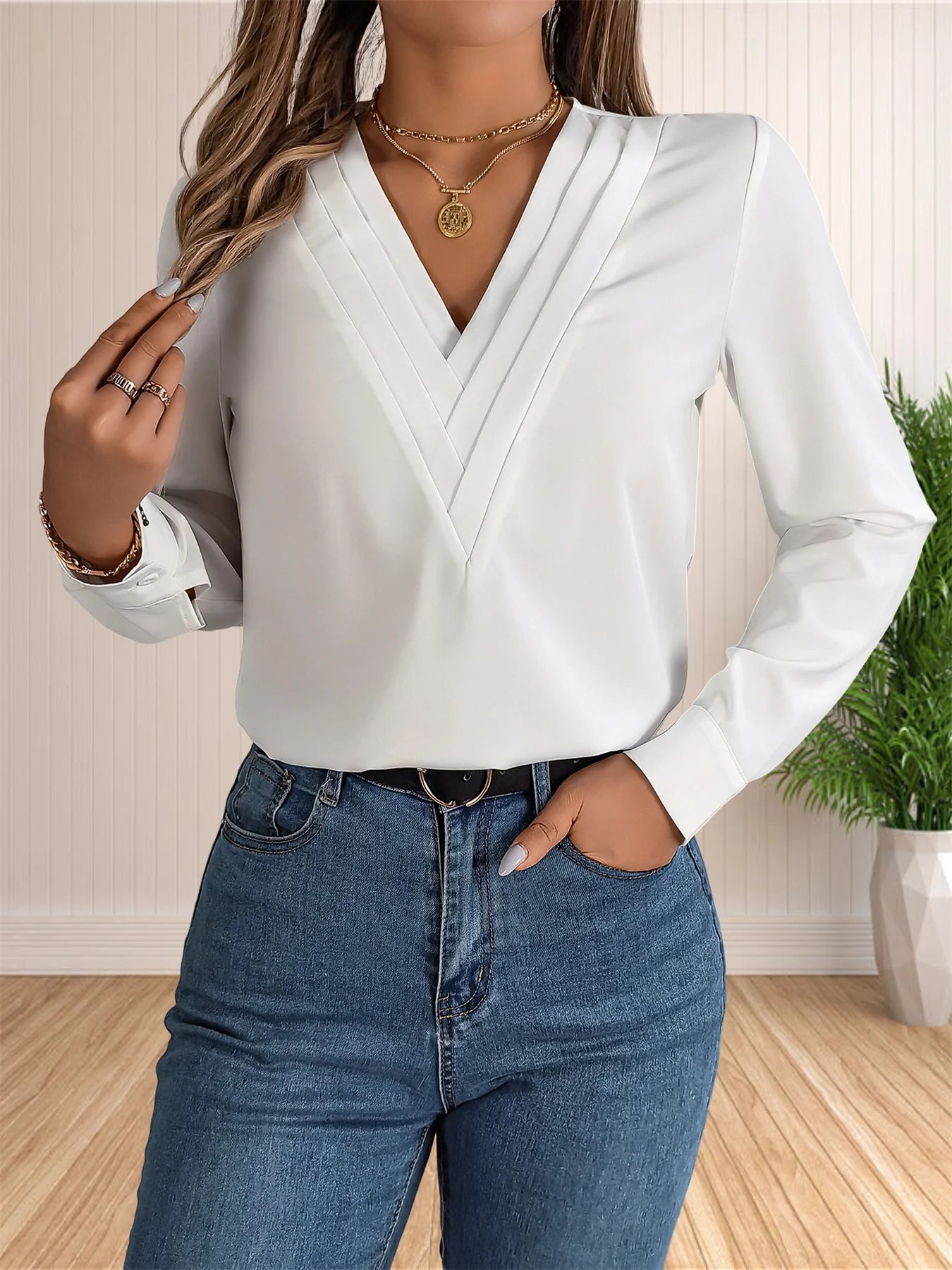 Elegant Women’s Office Blouse – Layered V-neck with long sleeves, perfect for chic, professional, and dressy workwear.