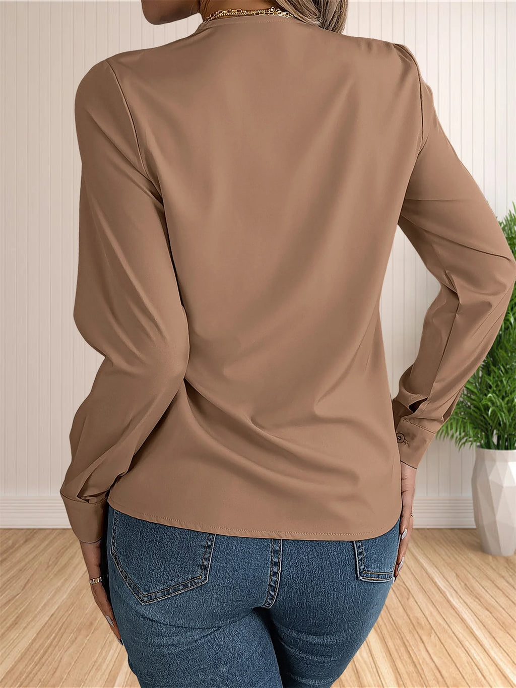 Elegant Women’s Office Blouse – Layered V-neck with long sleeves, perfect for chic, professional, and dressy workwear.