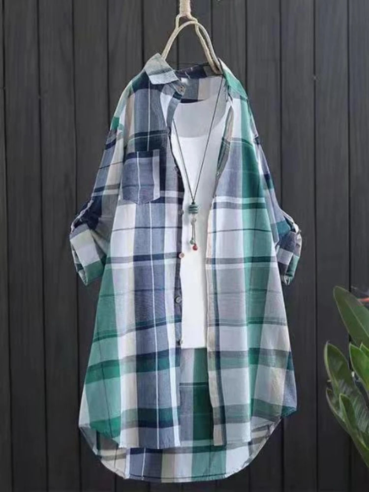 Cotton Plaid Mid Length Blouses Autumn Casual New Loose Button Blouses Women Fashion Long Sleeve Winter Elegant Shirt