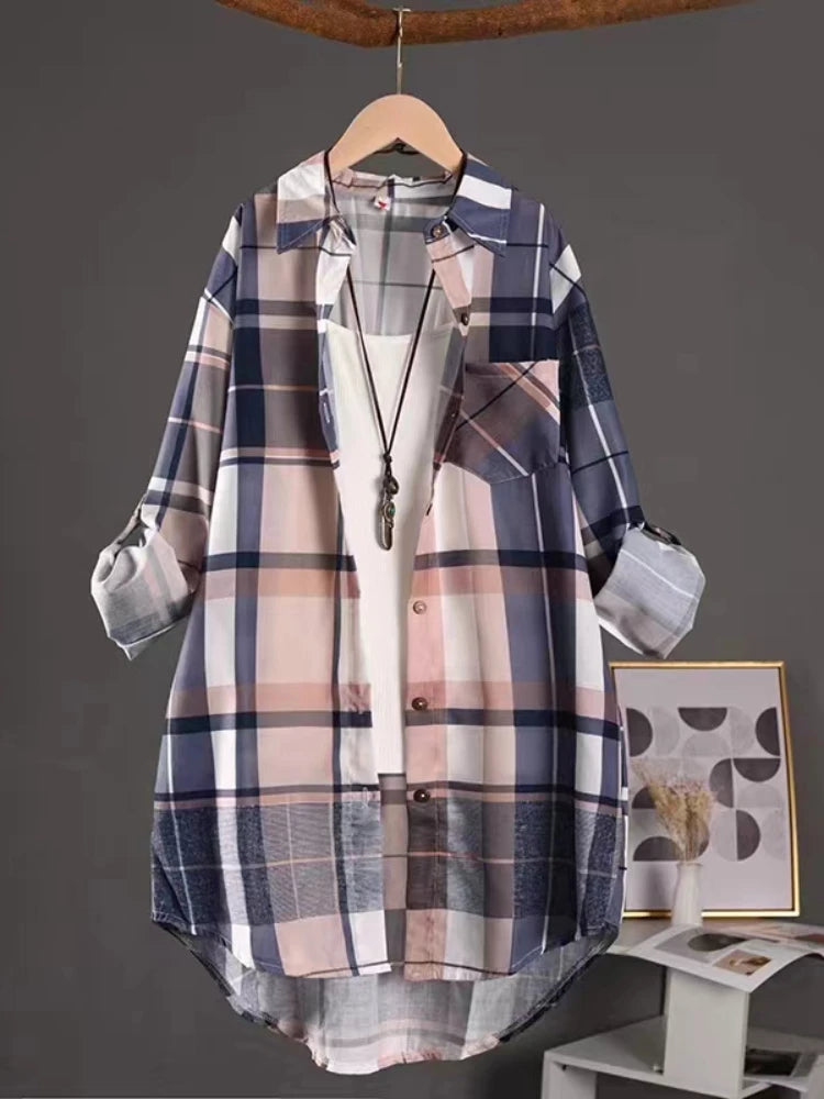 Cotton Plaid Mid Length Blouses Autumn Casual New Loose Button Blouses Women Fashion Long Sleeve Winter Elegant Shirt