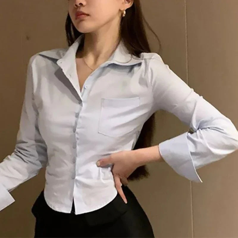 2026 Spring Commuter Long Sleeve New Female Crop Tops White Office Women Chiffon Shirt Pocket Button Lapel Ladies Blouse
