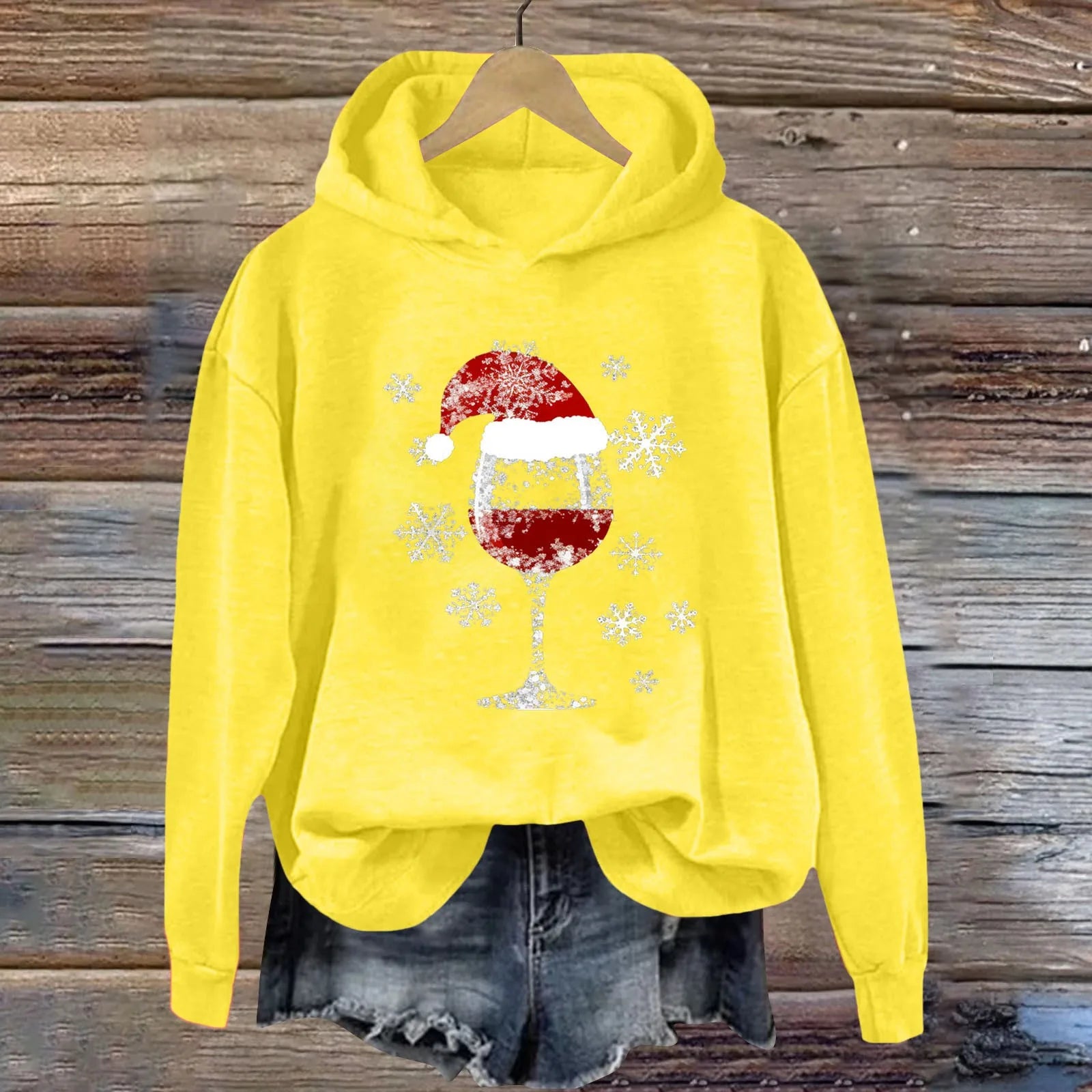 Womens Christmas Hoodie Sweatshirt Casual Fashion Red Wine Glass Printed Long Sleeve Hooded Sweatshirts Xmas Look New Year Gifts