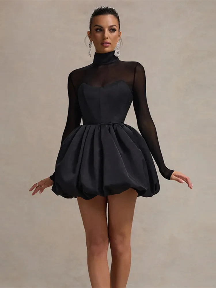 Mozision Turtleneck Sheer Long Sleeve Sexy Mini Dress For Women Black See Through High Waist A-line Club Party Dress Elegant