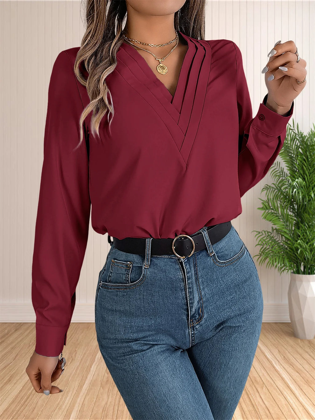 Elegant Women’s Office Blouse – Layered V-neck with long sleeves, perfect for chic, professional, and dressy workwear.