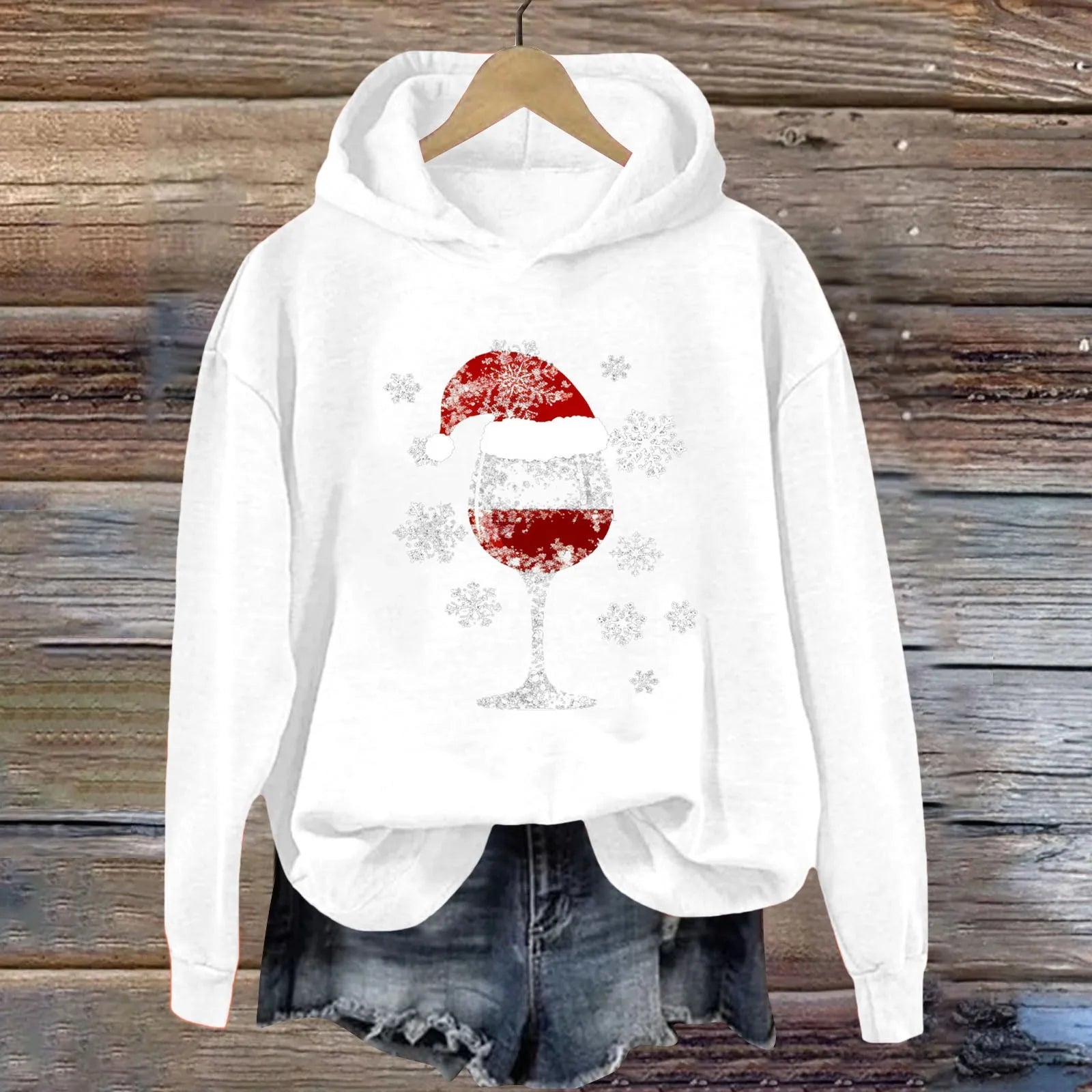 Womens Christmas Hoodie Sweatshirt Casual Fashion Red Wine Glass Printed Long Sleeve Hooded Sweatshirts Xmas Look New Year Gifts