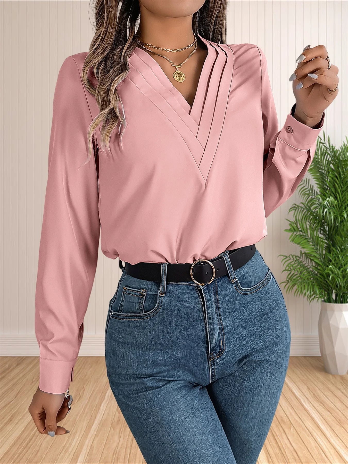Elegant Women’s Office Blouse – Layered V-neck with long sleeves, perfect for chic, professional, and dressy workwear.