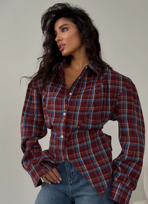 Clacive Fashion Loose Plaid Women's Blouse 2026 Vintage Lapel Long Sleeve Shirt Elegant Classic Lace-Up Top Female Clothing