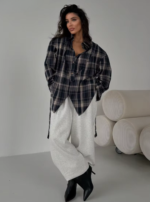 Clacive Fashion Loose Plaid Women's Blouse 2026 Vintage Lapel Long Sleeve Shirt Elegant Classic Lace-Up Top Female Clothing